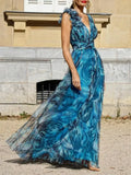 Sandra Elevated Bohemian Long Peacock Blue Dress in Summer Style Evening Wear Edit