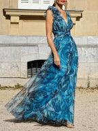 Sandra Elevated Bohemian Long Peacock Blue Dress in Summer Style Evening Wear Edit