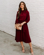 Elegant Office Dress Formal Loose Green Long Sleeve Belt ALine Midi Dresses