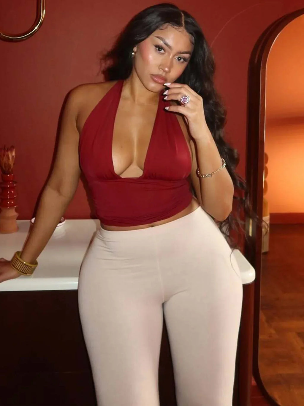 Dulzura Halter LaceUp Ruched Cami Top