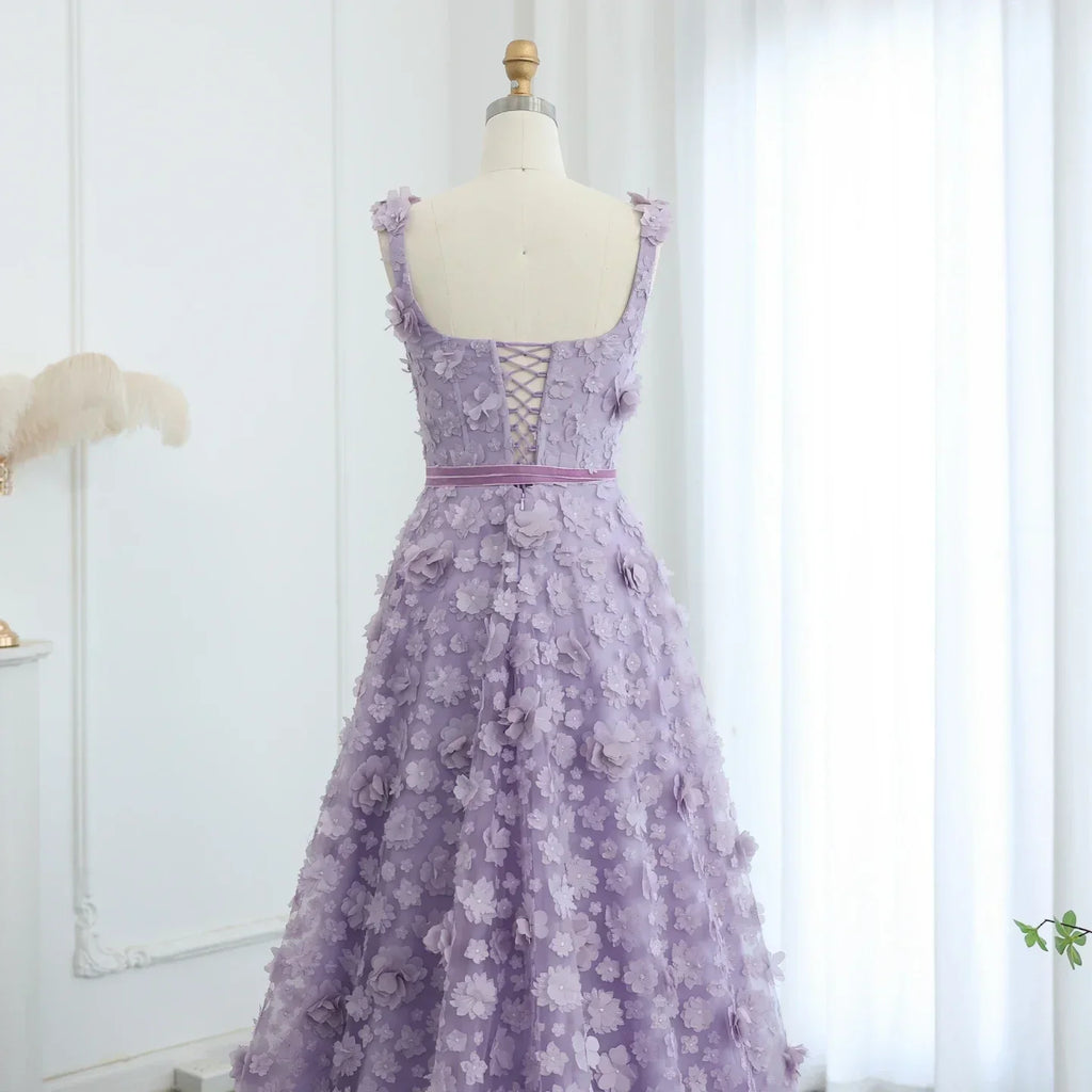 Lilac 3D Embroidered Flowers High Slit Evening Dress