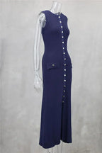Knit Maxi Dress with Pockets Button - Front