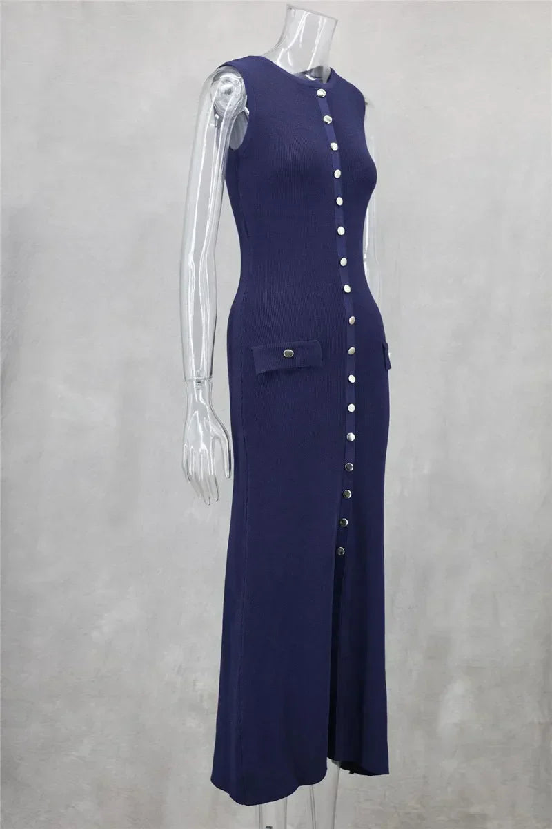 Knit Maxi Dress with Pockets Button - Front