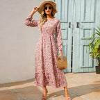 Natasha Effortless Women's Bohemian Floral Chiffon Maxi Dress with Long Sleeves Elevated Occasion Wear