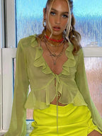 Deep V Ruffled Green Chiffon Sheer Top