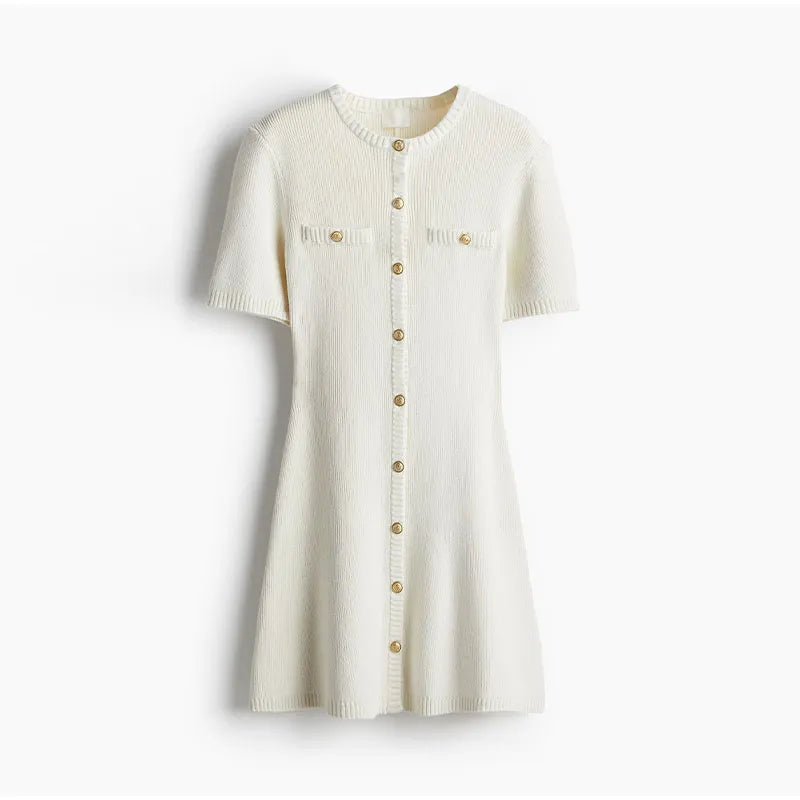 Knitted Dress for Women Streetwear Vintage Fashion Dresses Solid Slim Button Short Sleeve Mini Spring Summer Dress
