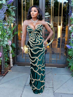 Velvet Sequin Backless V Neck Party Dress
