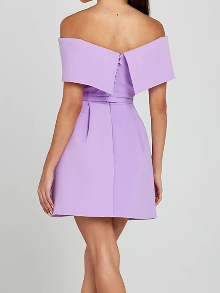 Belt Patchwork Short Sleeve Off The Shoulder Dress