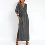 Guadalupe Exclusive Long Vintage Dress with Side Slit and High Waist Hen Chic Silhouette Collection