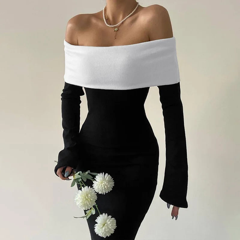 Black & White Off - the - Shoulder Maxi Dress with Long Sleeves