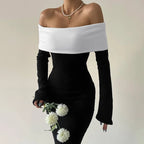 Black & White Off - the - Shoulder Maxi Dress with Long Sleeves