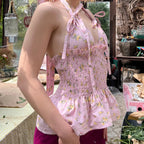 Y2K Floral Print Ruffled Hem Tie-Up Cami Top