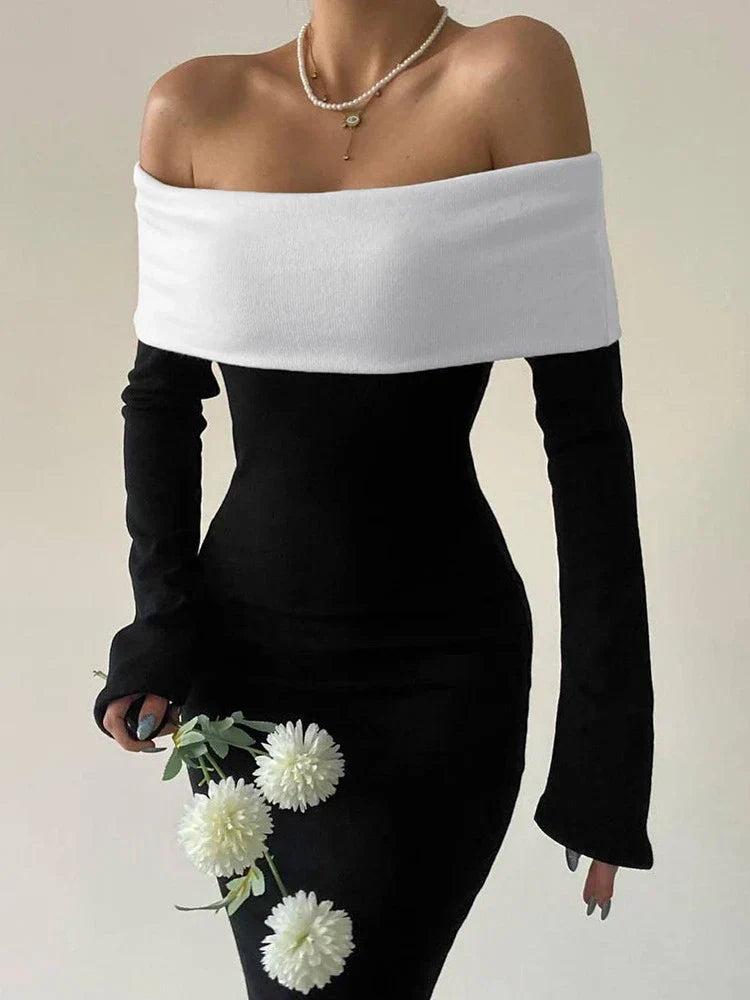 Black & White Off - the - Shoulder Maxi Dress with Long Sleeves
