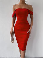 Samanta Effortless Stylish Off the Shoulder Midi Dress Evening Wear Edit