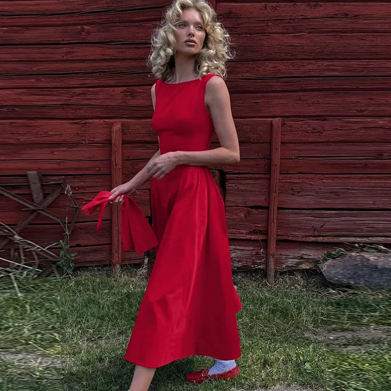 Straight Neck Sleeveless Flare Midi Dress