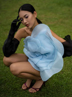 Oblique Shoulder Decorative Flower Solid Mini Dress