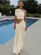 Mesh Backless One - Shoulder Long Dress