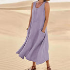 Brianna Boutique Women's Long Summer Dress in Cotton Linen with Pockets Premium Wardrobe Essential