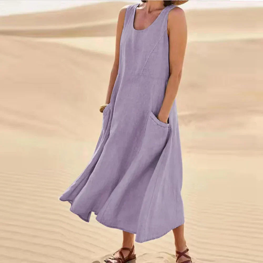 Brianna Boutique Women's Long Summer Dress in Cotton Linen with Pockets Premium Wardrobe Essential