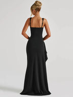 Black Spaghetti Strap Thigh High Split Long Dress
