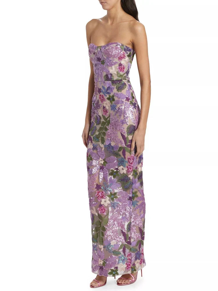 Floral - Embellished Sequin Lavender Ankle Length Dress