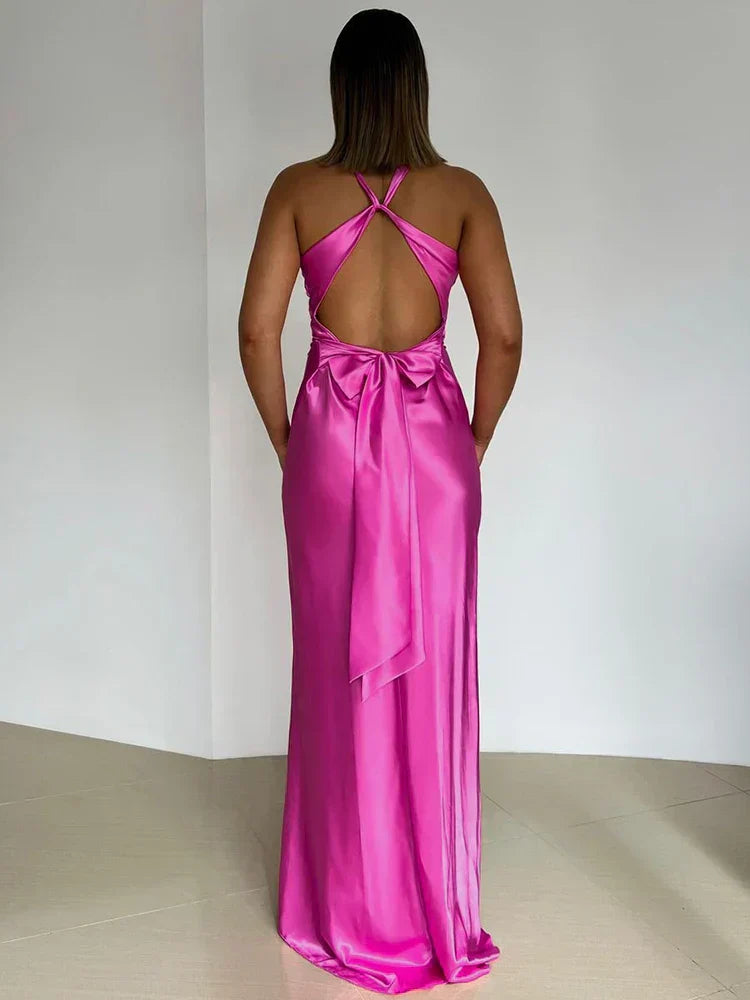 Satin V - neck Back Strappy Bow Maxi Dress