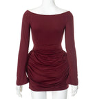 Pleated Off - Shoulder Long Sleeve Mini Dress