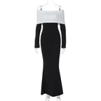 Black & White Off - the - Shoulder Maxi Dress with Long Sleeves