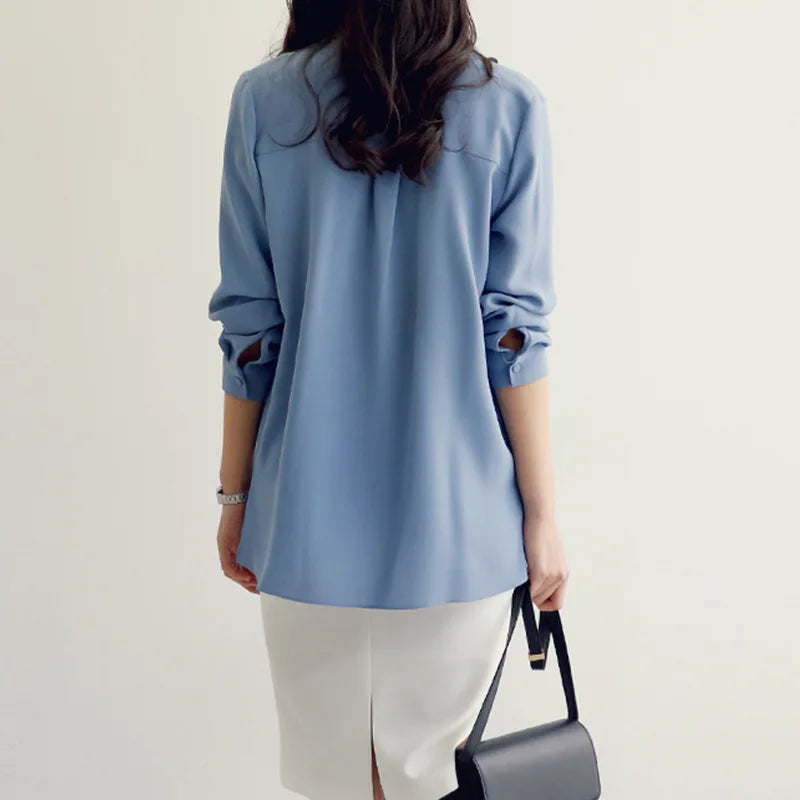 Casual Long Sleeve Bow Tie Fashion Vneck Chiffon Blouse