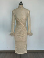 Feathers Rhinestone Folds Midi Dress