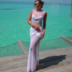 White See - Through Pleated Mesh Long Dress