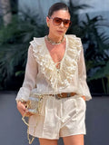 Fashion Solid Vneck Lantern Long Sleeve Blouse