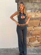 Vest Crop Slim Bodycon Two Piece Pants Set