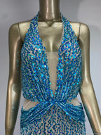 Halter Blue Sequins Sparkly Glitter Maxi Dress