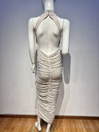 Halter Neck Backless Crystal Folds Long Dress