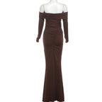 Pleated Patchwork Solid Off - Shoulder Dress
