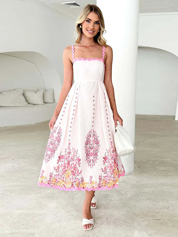 Square Collar Print Flower Sling Long Dress