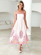 Square Collar Print Flower Sling Long Dress