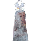 Backless Split Abstract Printed Mesh Sheer Dress