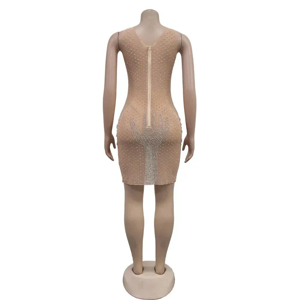 Mesh Rhinestone Round Neck Sleeveless Mini Dress