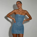 Blue Sequined Denim Strapless Mini Two Piece Skirt Set