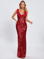 Swinging Neck Sequins Red Long Dress