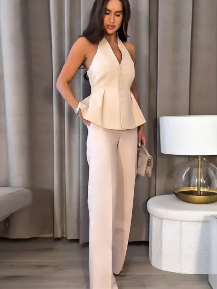 Halter VNeck Straight Pant Suit