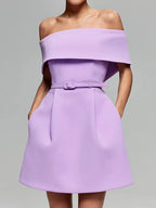 Belt Patchwork Short Sleeve Off The Shoulder Dress
