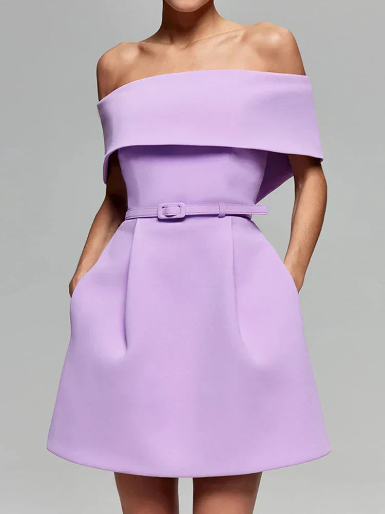 Belt Patchwork Short Sleeve Off The Shoulder Dress