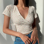French Floral Vneck Slim Fit Crop Top
