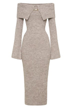 Fluffy Solid Knitted Off Shoulder Midi Dress
