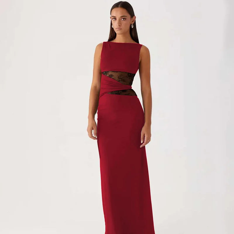 Sheer Lace O Neck Bodycon Long Tank Dress