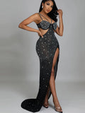 Spaghetti Strap Mesh Black Long Dress