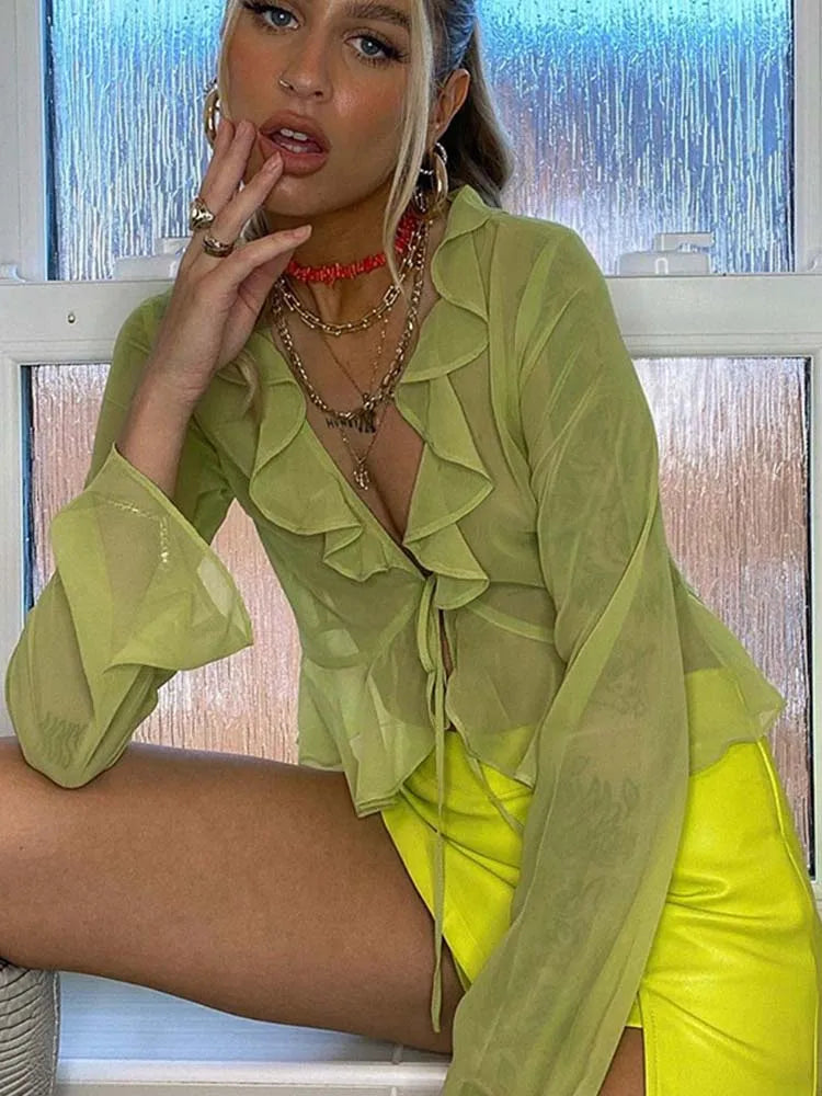Deep V Ruffled Green Chiffon Sheer Top